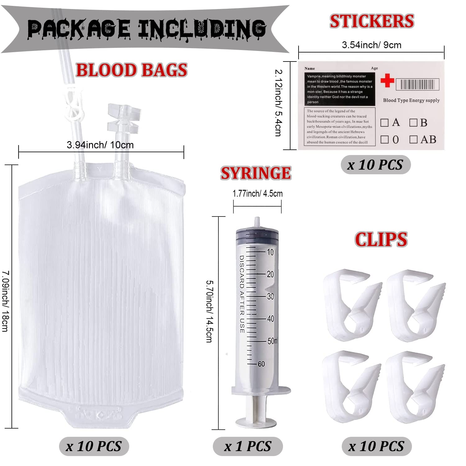 Yabonie 10 Pack Halloween Blood Drinking Bags, Blood Bag with Syringe Clips Blood Type Sticker, Reusable Blood Pouches - Image 3