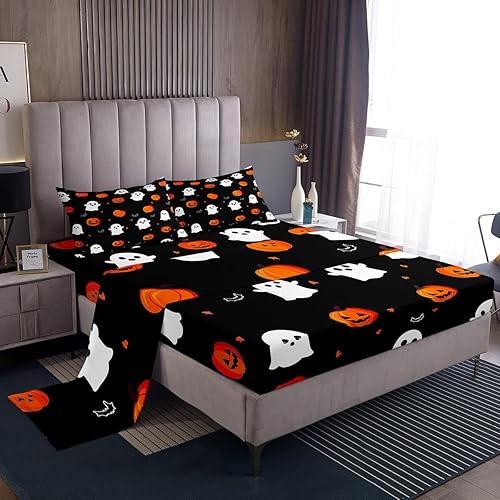 Feelyou Happy Halloween Bed Sheets Set Full Size Kids Pumpkin Bedding Set for Bo
