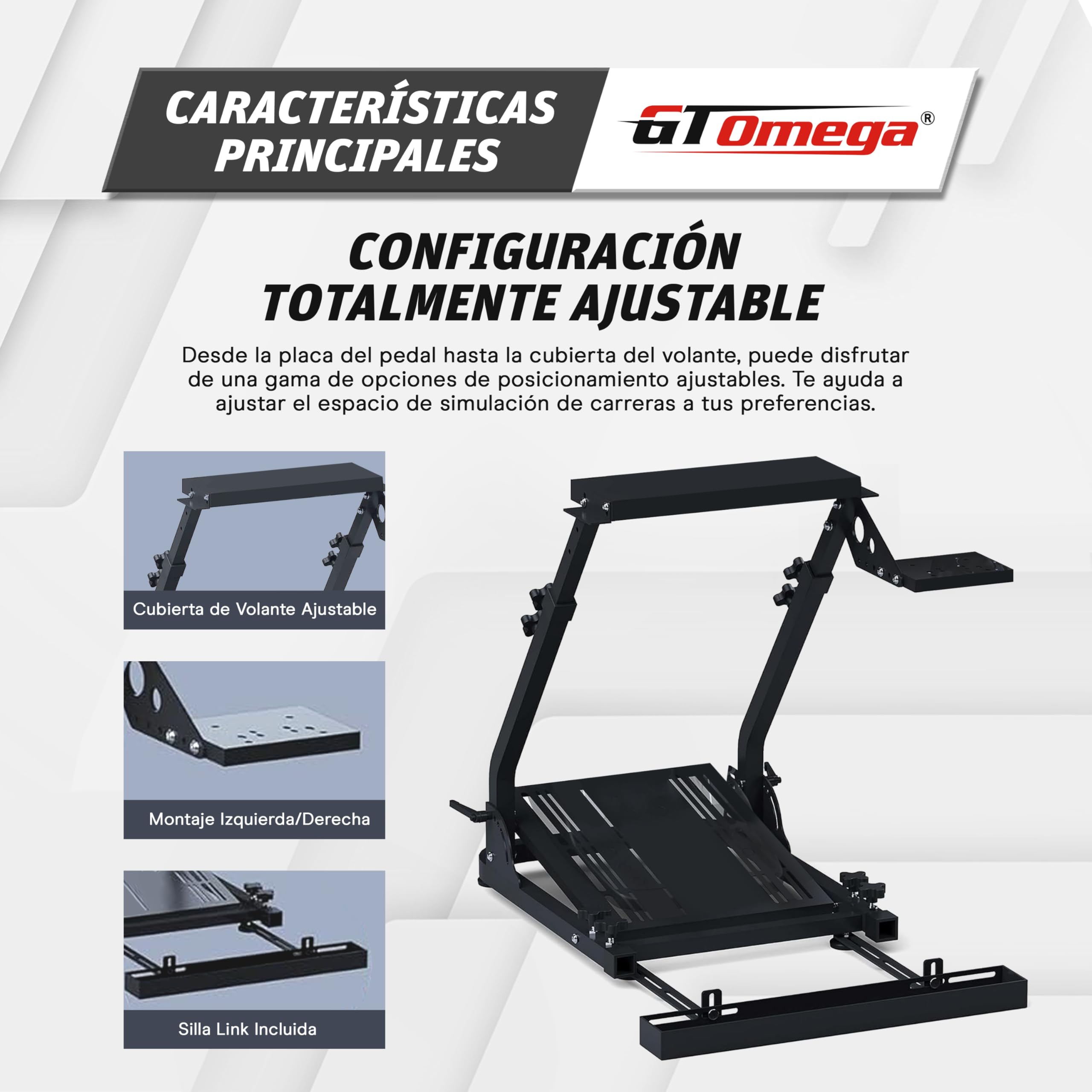 GT OMEGA Soporte de Volante Clásico - Plegable de Nivel de Entrada Sim Rig, Pre-Equipado con un Montaje de Palanca de Cambio y Silla Link, Ajustable y Listo para Actualizar