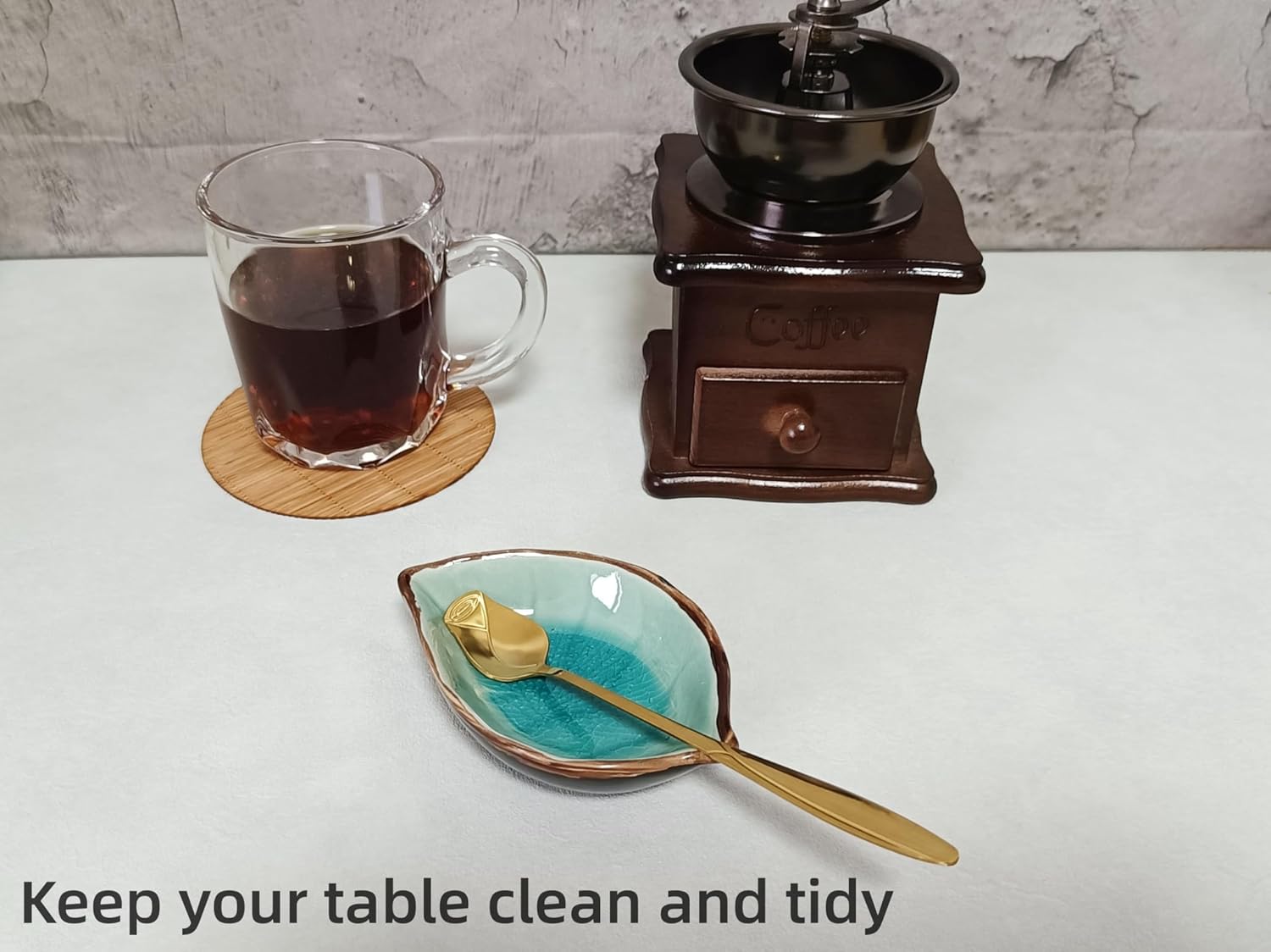 Coffee Spoon and Rest for Coffee Bar Accessories, Leaf Small Spoon Rest for Coffee Station, Tea Spoon Rest Tea Spoon Holder Teaspoon Rest, 1 PC (Ice Cracks Lake Blue with Gold Rose Spoon) image 2 of 9 B0CB8Y4LZ2