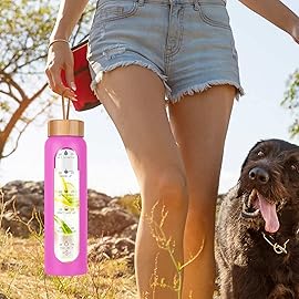 Aqulea Glass Water Bottles 32 Oz with Silicone Sleeve - BPA Free Reusable Wide Mouth Glass Motivational Water Bottles with Fruit Infuser - Leak Proof Borosilicate Water Bottle with Time Marker (Rose)