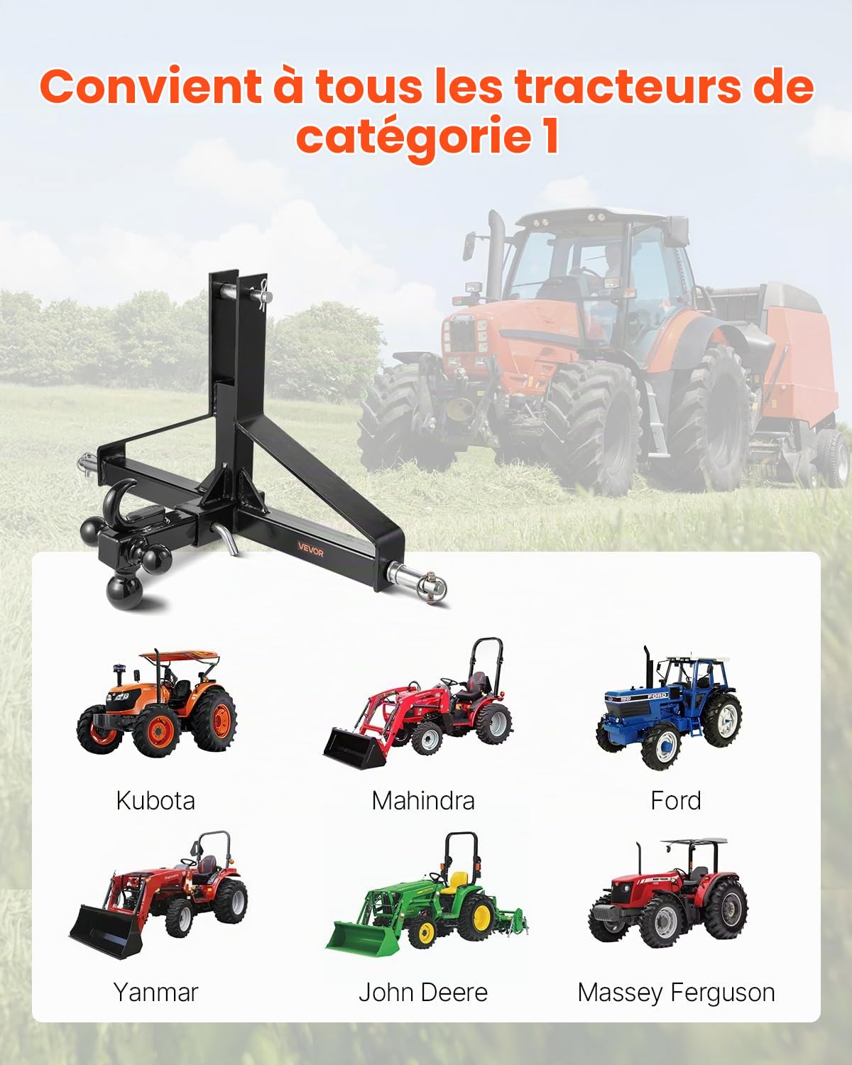 VEVOR Attelage 3 Points avec Récepteur 5 cm, Fixation Rapide 3 Points, avec 3 Boules de Remorquage, Adaptateur Barre de Remorquage pour Effectuer Travaux Agricoles pour Plupart Tracteurs Attelage 5 cm