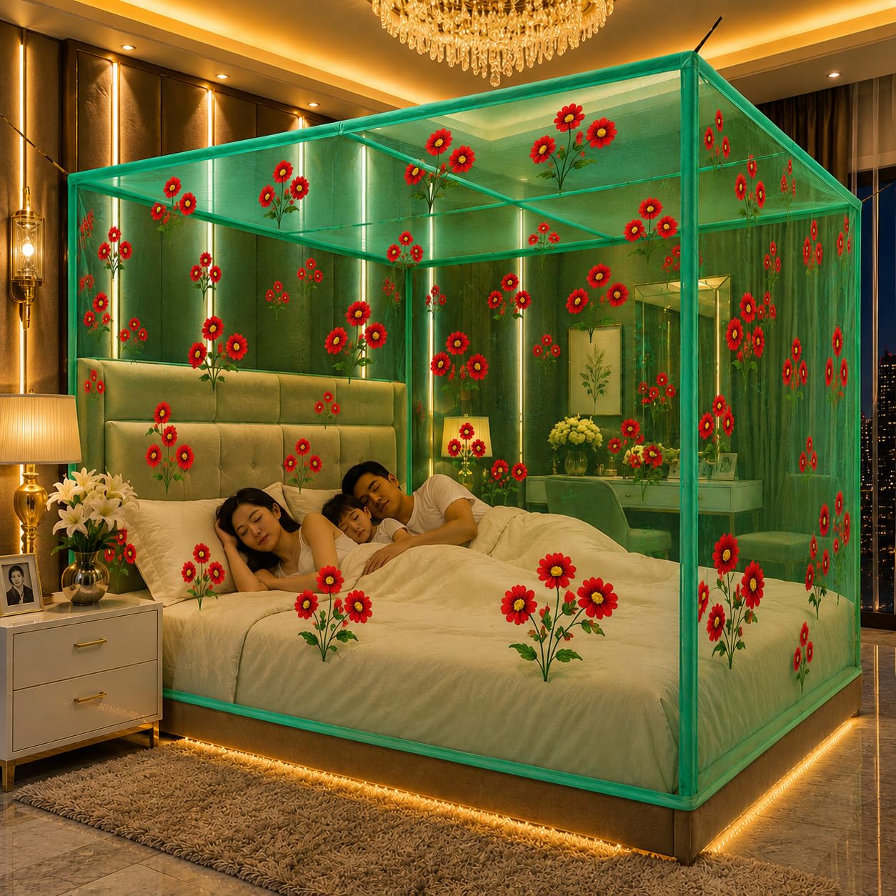 Mosquito Net for Double Bed, Green Floral Print Canopy | Cotton-Tape Stitching, Hanging Loop, Family Size, Insect Protection, Foldable Design-picture-27