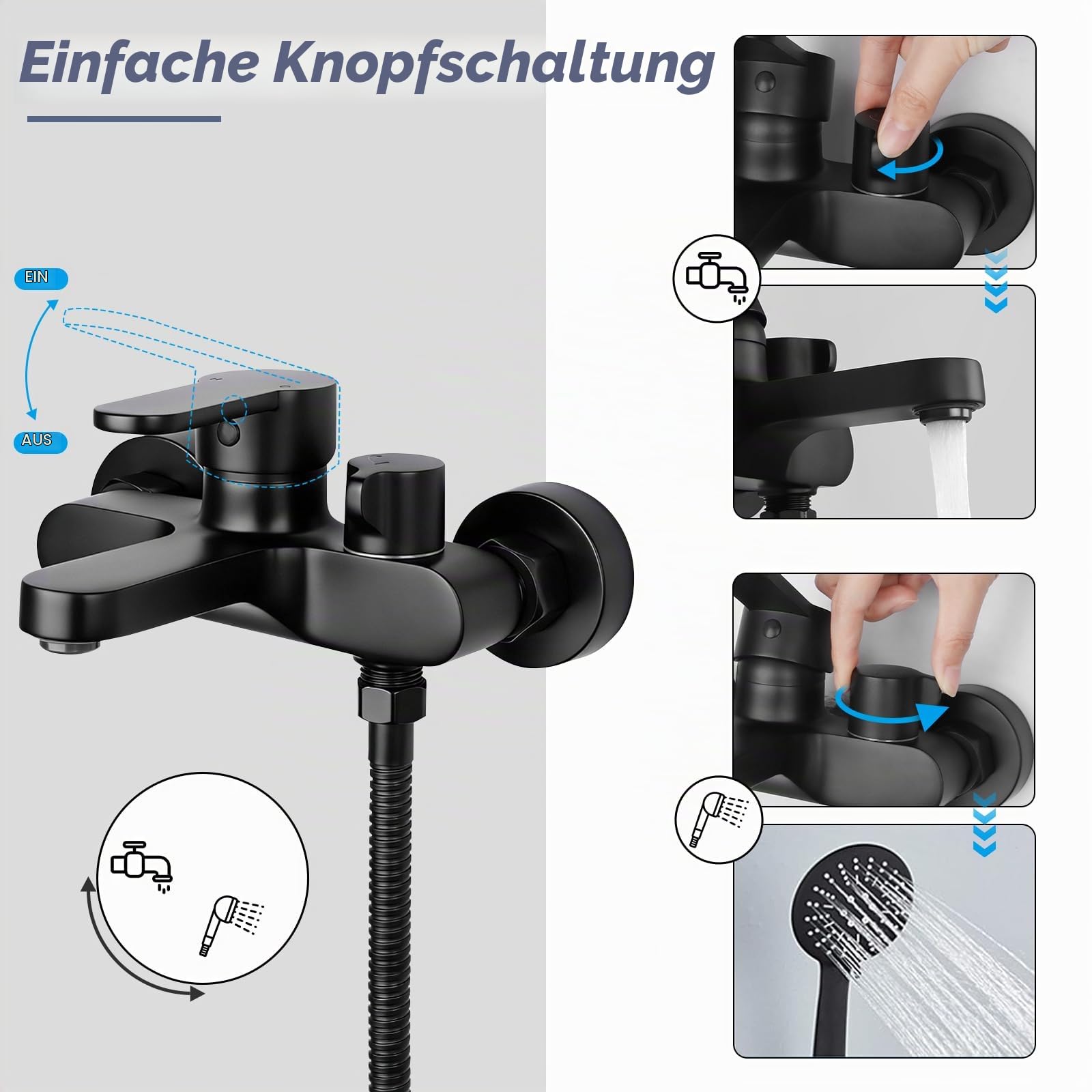 BONADE Badewannenarmatur mit Handbrause, Badewannenarmatur Schwarz Wannenarmatur, Aufputz Wasserhahn Badewanne Armatur, Duscharmatur mit Duschkopf 3 Funktionen, Wannenbatterie Dusche Set für Bad