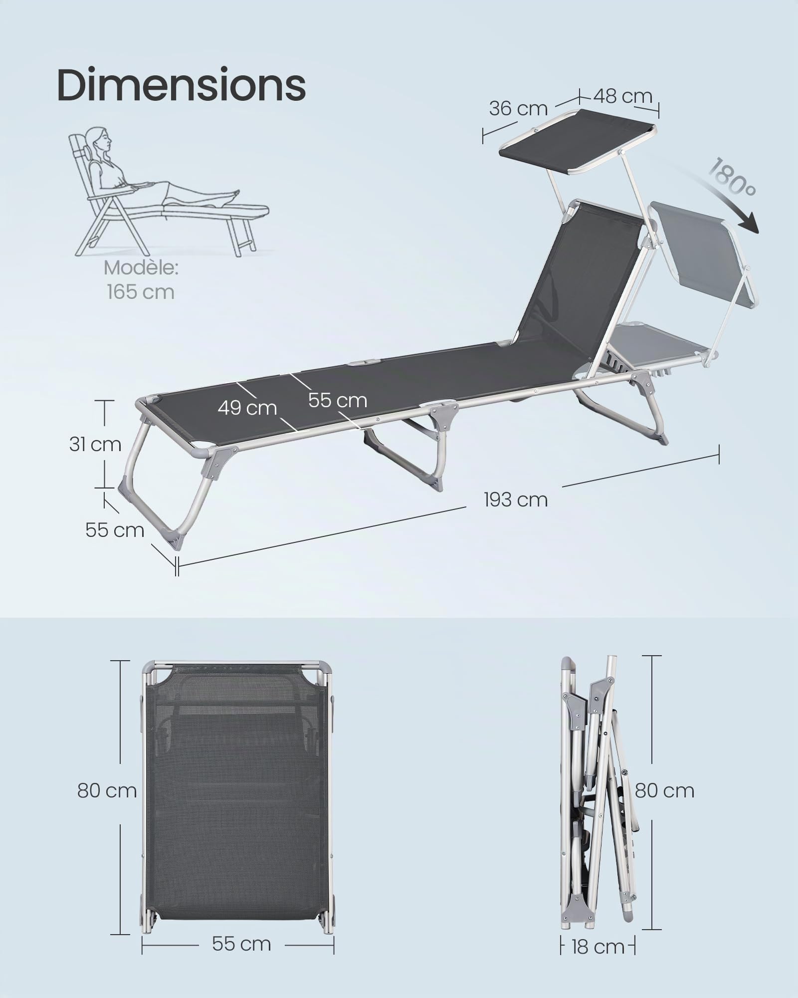 SONGMICS Bain de Soleil, Chaise Longue Pliable, Transat, 193 x 55 x 31 cm, Capacité de Charge 150 kg, avec Pare-soleil et Dossier Inclinable, pour Jardin, Piscine, Terrasse, Gris Foncé GCB19GYV1