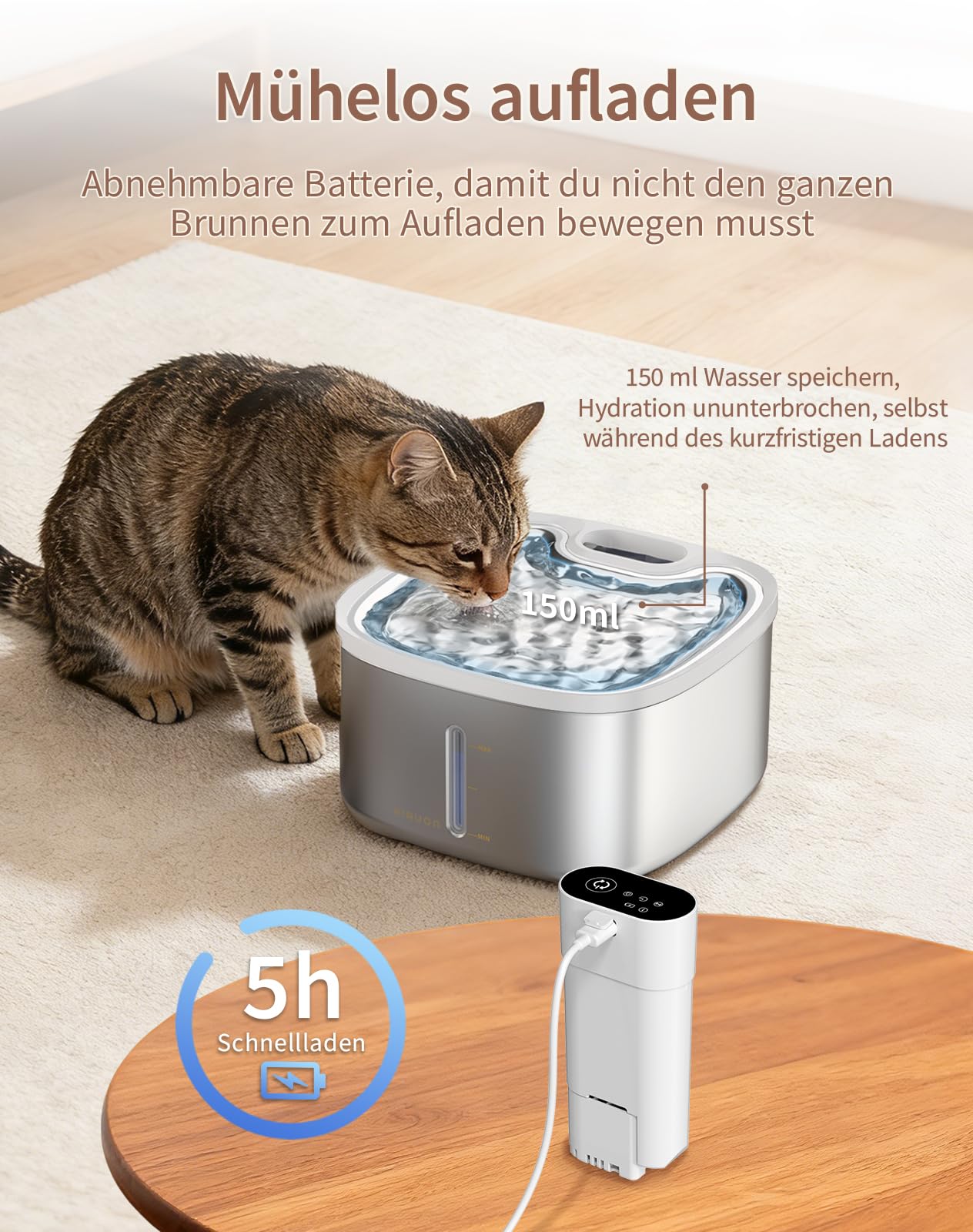 Trinkbrunnen Für Katze Kabellos, 3.5L katzenbrunnen Edelstahl, Drahtlos & Ultra-leise mit Sensor- und Zeitmodus, Batteriebetrieben für Katzen, leicht zu reinigen-W04 (Katzenbrunnen+2Filter)