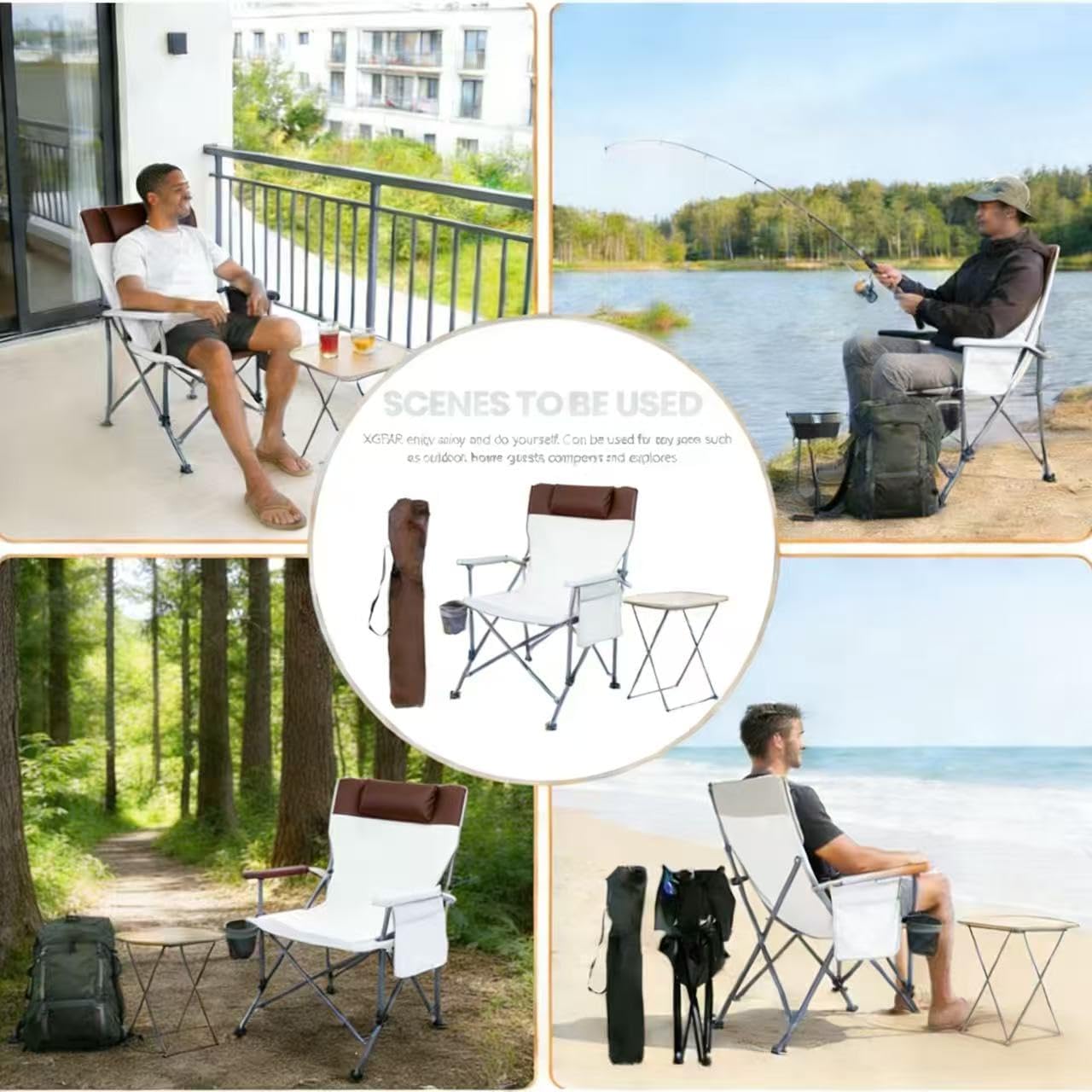 2 Pack Adjustable Folding Camping Chairs with Detachable Footrest and Headrest, Lightweight and Portable, Ideal for Hiking, Travel, Fishing and Outdoor Activities (Beige)