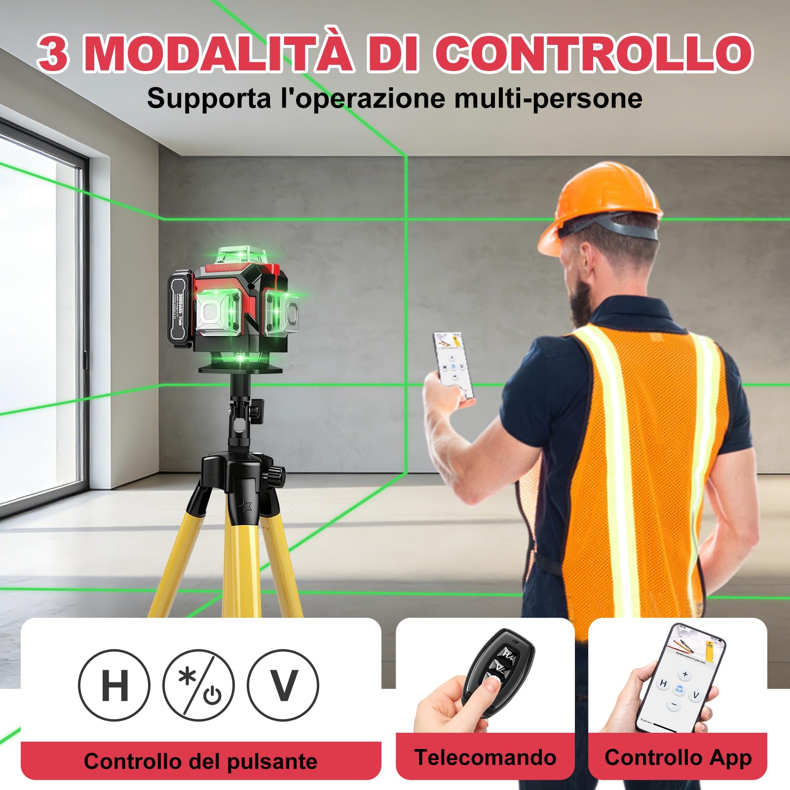 Laser a linee incrociate con treppiede, 4D 16 linee verdi, 4 X 360 °Livello Laser Autolivellante con 3600 mAh x 3 batterie ricaricabili per interni, cantiere