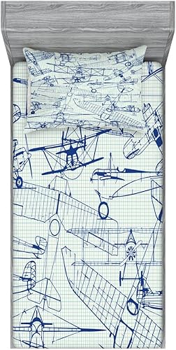Miniatura 85 de Ambesonne Juego de sábanas bajeras y fundas de almohada, dibujos de aviones antiguos, vuelos clásicos con fechas, estilo vintage, diseño nostálgico,