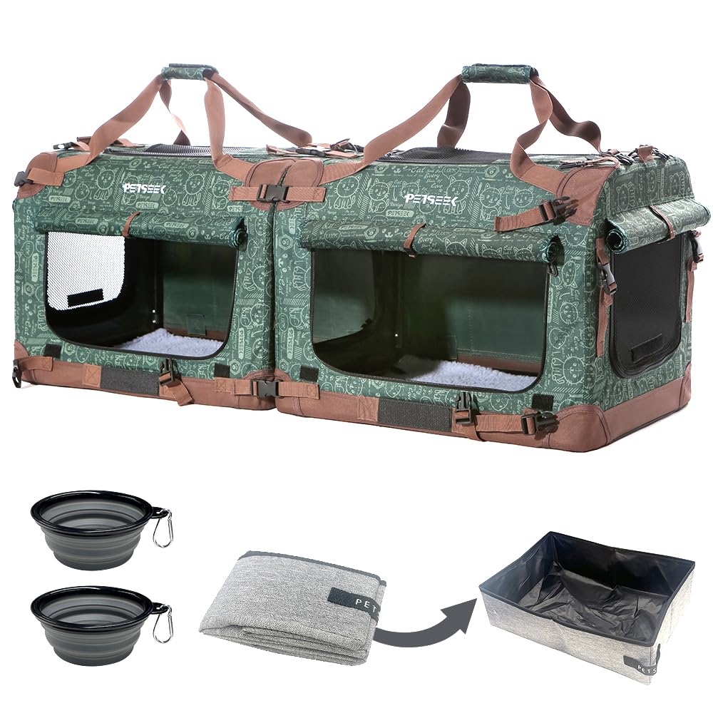 Extra Large Cat Carrier Soft Sided, Portable Small Dog Carrier for 2 Cats, 24"x16.5"x16" Car Travel Folding Comfortable Design with Litter Box and Bowls, Green-2+ Litter Box+ Bowls