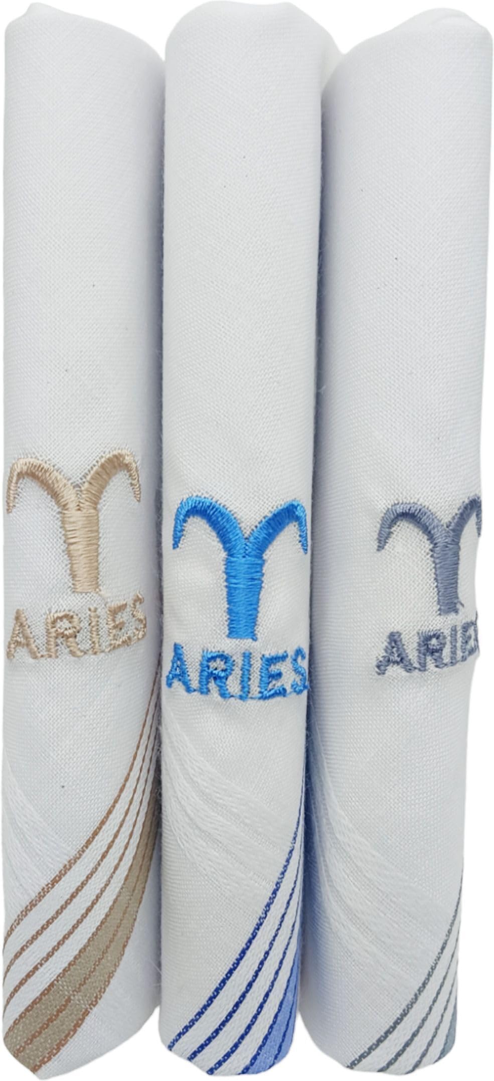 Handkerchief White and Multicolor Cotton with Silk Embroidery Aries Zodiac Sign for Men, 45x45 cm (Pack of 3)-image-18