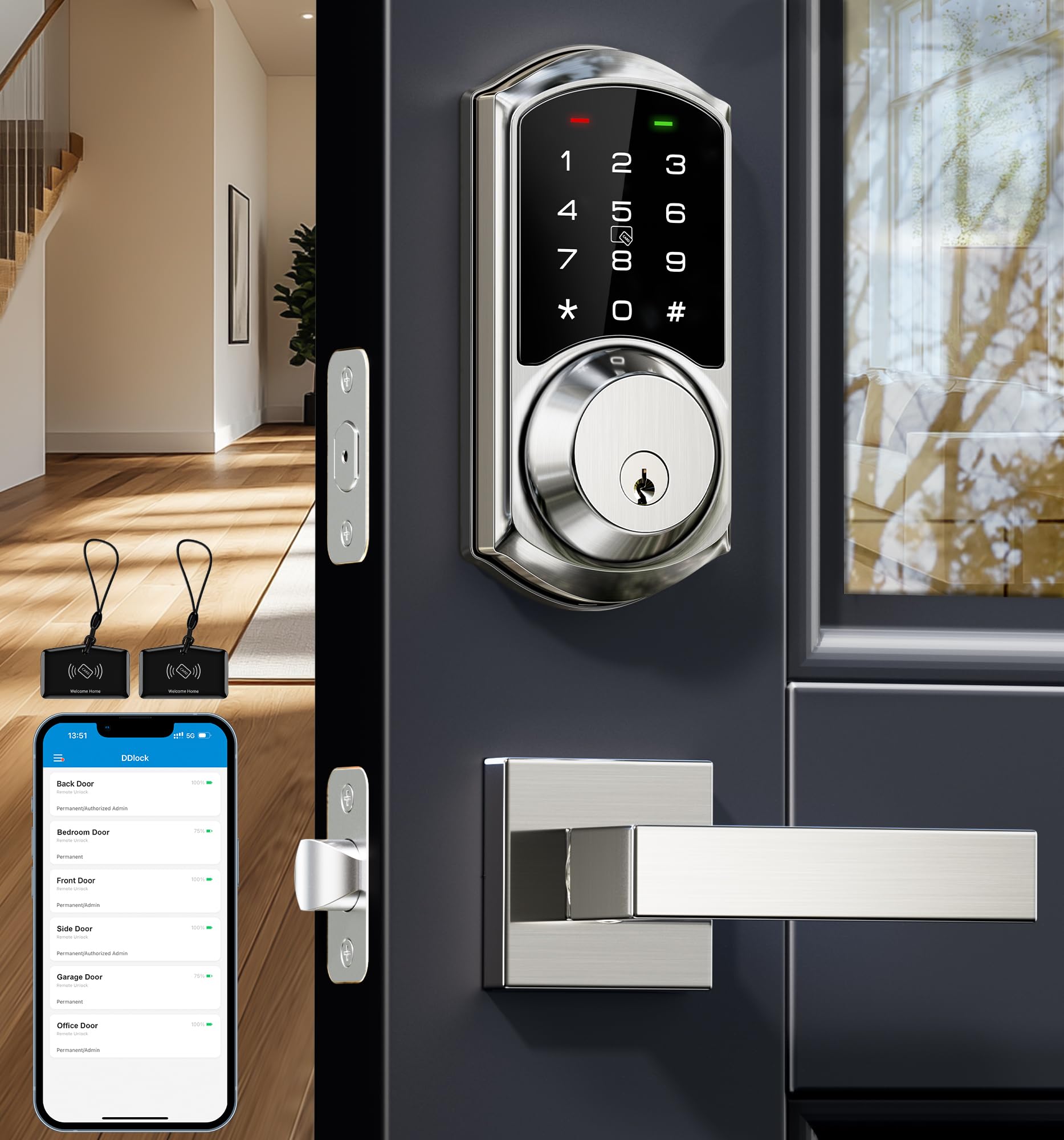 Veise VE06-L Smart Locks with 2 Lever Handle Set, App Control, Keyless Entry Deadbolt for Front Door, Electronic Digital Touchscreen Keypad, Auto Lock, Waterproof, Easy Installation, Satin Nickel