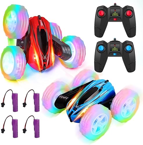 Miniatura 7 de Paquete de 2 juguetes de coche a control remoto para niños autos de acrobacias RC con luces de rueda 24 GHz deriva de alta velocidad 4WD todoterreno