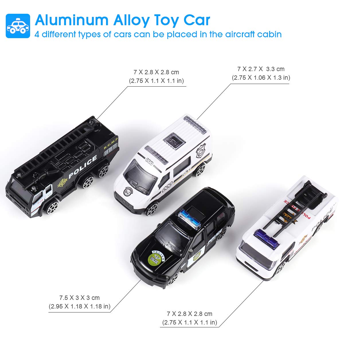 SHANNA Aerei Giocattolo Bambini, Aeroplano A Inerzia con Set di Giocattoli Educativi per Veicoli, 1 Aereo Grandi Dimensioni, 4 Auto in Lega Ragazzo Ragazze Regalo (Auto Polizia-Blu)