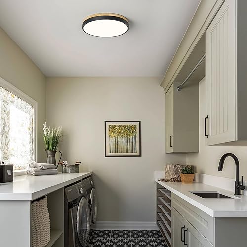 Miniatura 5 de Lámpara de techo LED moderna, lámpara de techo negra con estilo de madera, lámpara de techo redonda para dormitorio, cocina, pasillo, cuarto de