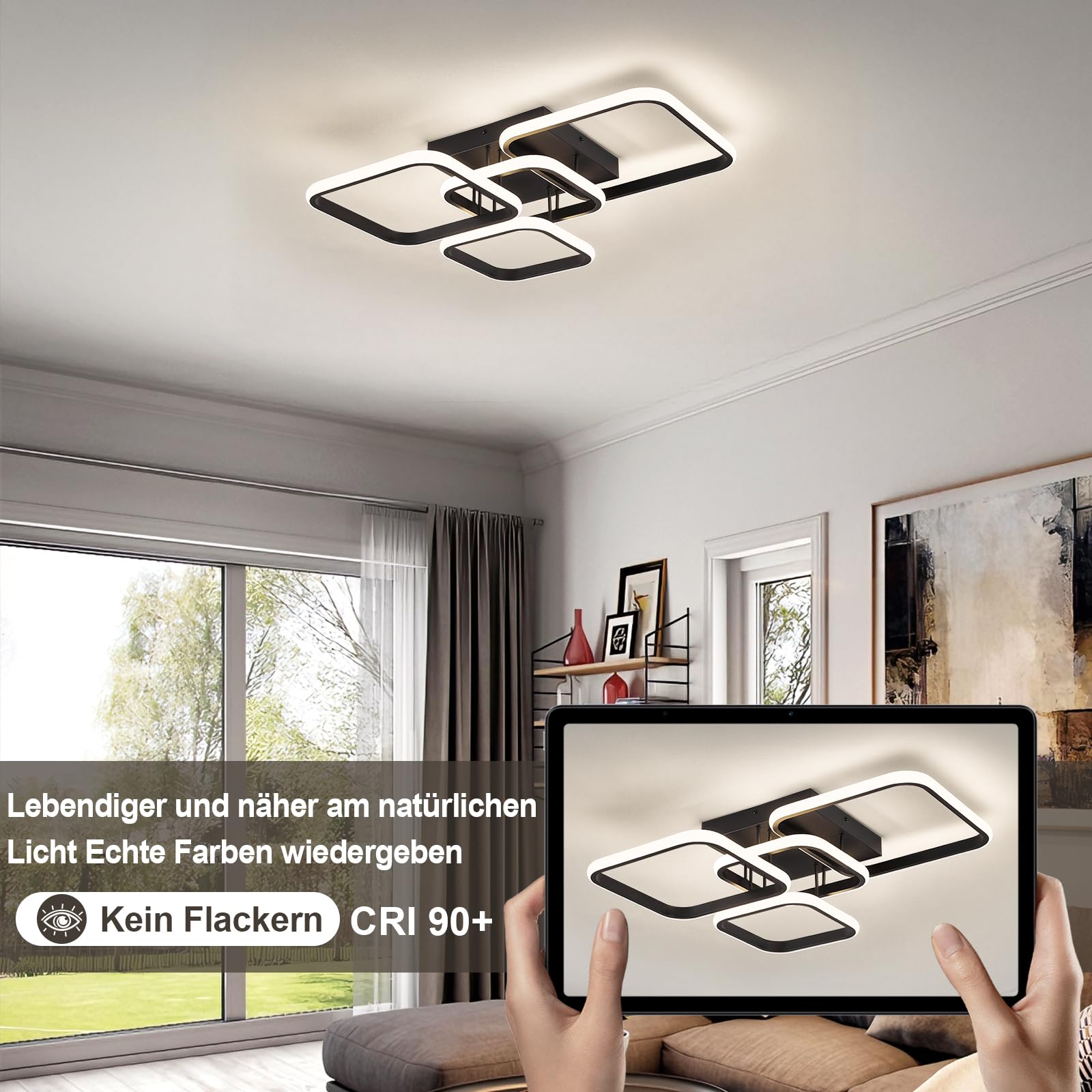 Moderne LED Deckenleuchte, 60W 57CM Wohnzimmerlampe Schwarze Deckenlampe | 4000k LED Lampe für Wohnzimmer Schlafzimmer Esszimmer Flur Küche
