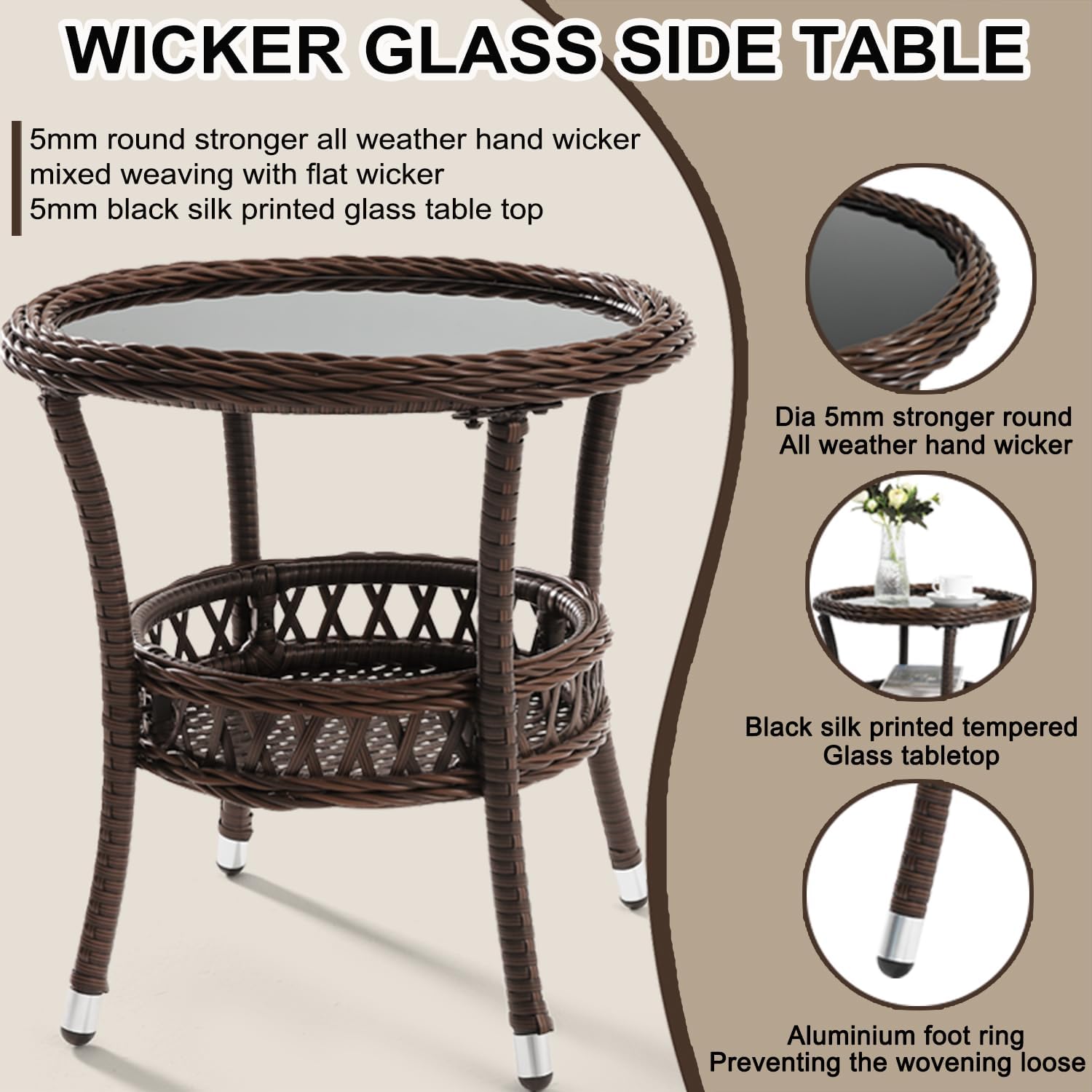 Outdoor Side Table Wicker Outdoor End Table for Patio Rattan Side Table for Outside Brown Patio Coffee Table with Storage & Glass Table Top Round for Backyard Porch