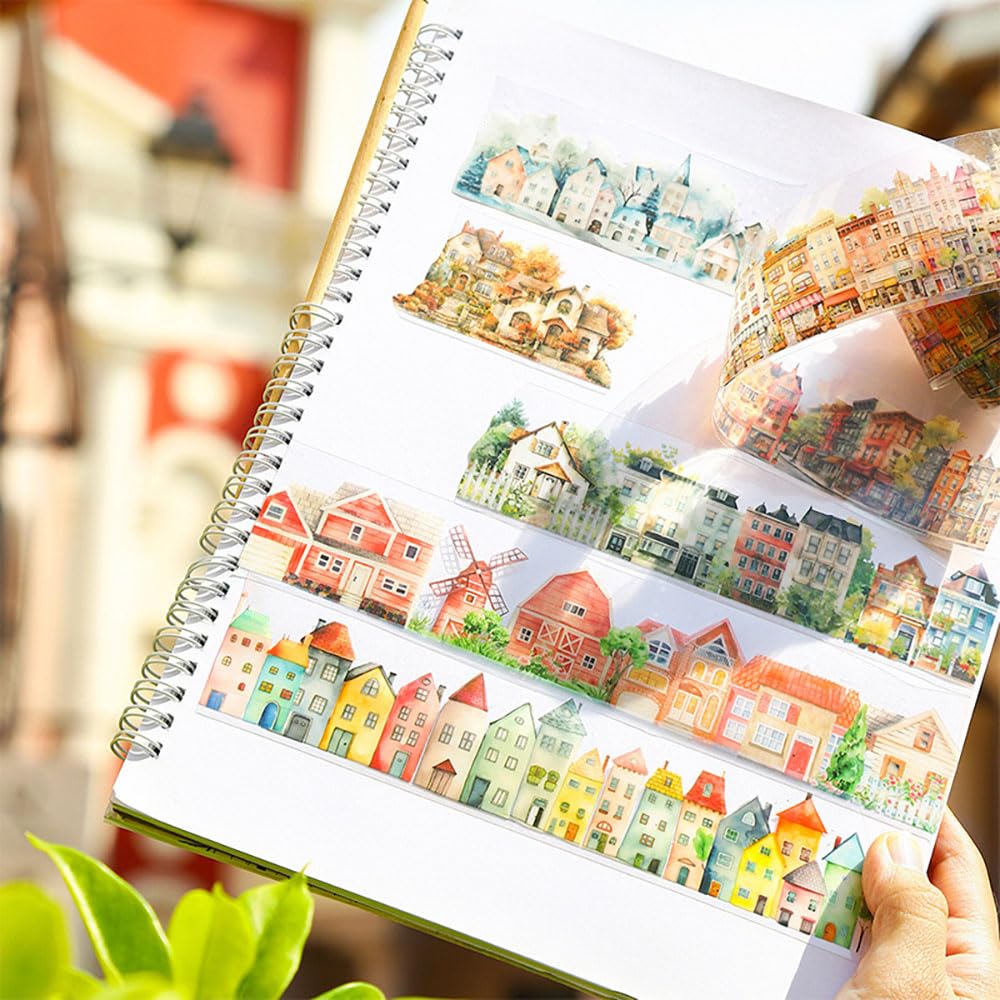 Town Landscape PET Tape Scrapbook Supplies Vintage Town Building Decorative Tape Scrapbook Stickers Aesthetic House Building Washi Tape Stickers For Scrapbooking Junk Journal Journaling Supplies