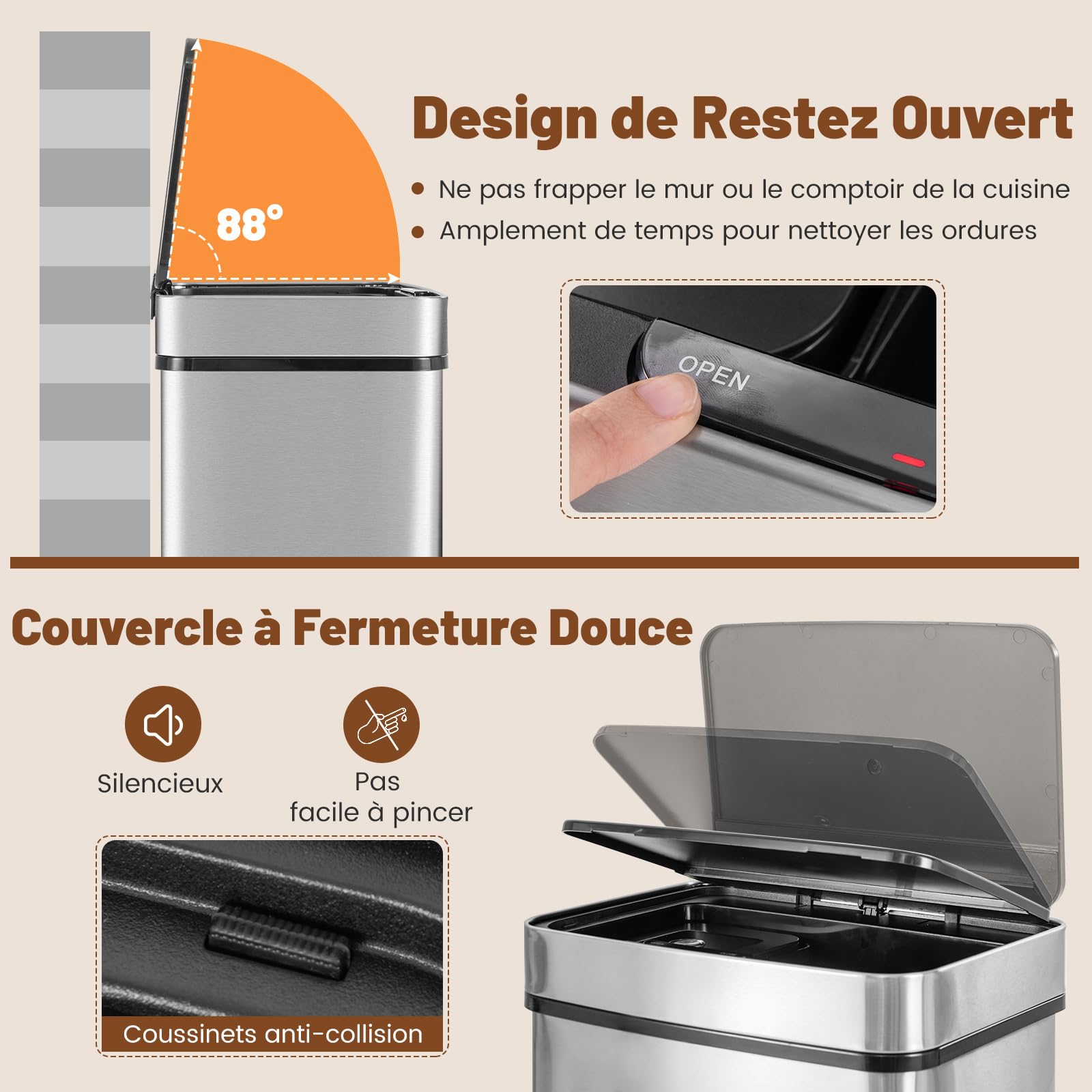 GOPLUS - Cubo de basura para cocina sin contacto, sensor de movimiento inteligente, cubo de reciclaje, cierre lento, para cocina, 42 x 32-58 x 84-110 cm