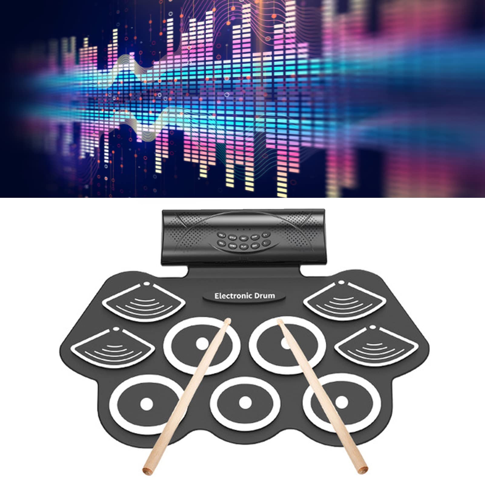 9 Roll Up Drum Practice Pad Kit, MIDI Electronic Drum Set with Dual Stereo Speaker, Foot Pedals, Drum Sticks, Supports BT Connection, Recording Function (UK Plug)