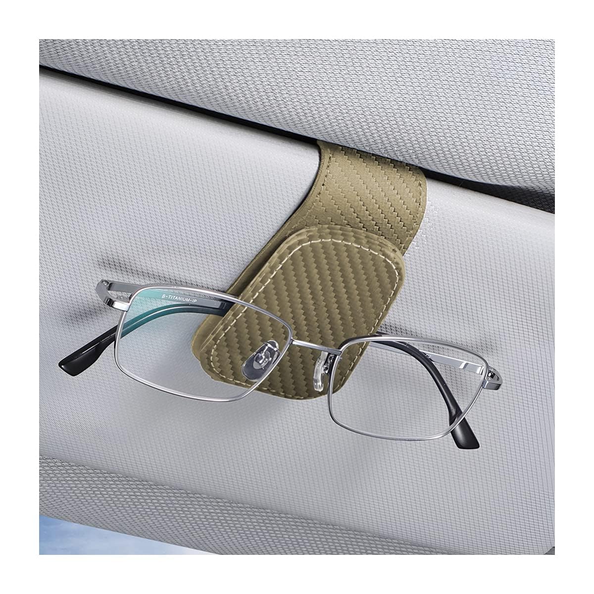 AICEL Sunglasses Holders for Car Sun Visor, Leather Magnetic Clip, Beige