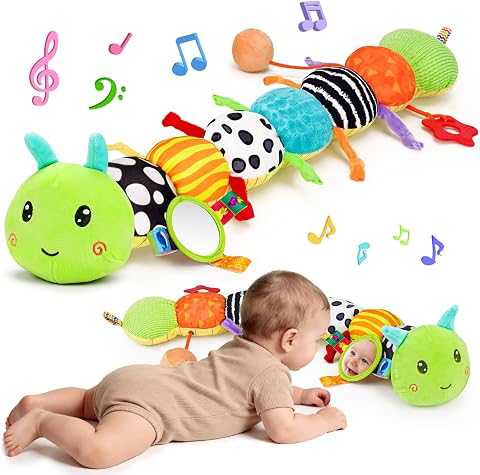 Topsochir Baby Sensory Toys 0-6 Months Music Animal Stuffed Plush Caterpillar Toy for Infant 0-3-6-12 Month Old Tummy Time with Mirror Crinkle Rattle Toys for Newborn Boys Girls Shower Birthday Gifts