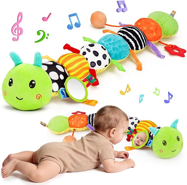 Topsochir Baby Sensory Toys 0-6 Months Music Animal Stuffed Plush Caterpillar Toy for Infant 0-3-6-12 Month Old Tummy Time with Mirror Crinkle Rattle Toys for Newborn Boys Girls Shower Birthday Gifts