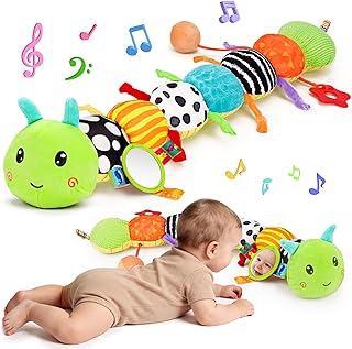 Topsochir Baby Sensory Toys 0-6 Months Music Animal Stuffed Plush Caterpillar Toy for Infant 0-3-6-12 Month Old Tummy Time with Mirror Crinkle Rattle Toys for Newborn Boys Girls Shower Birthday Gifts