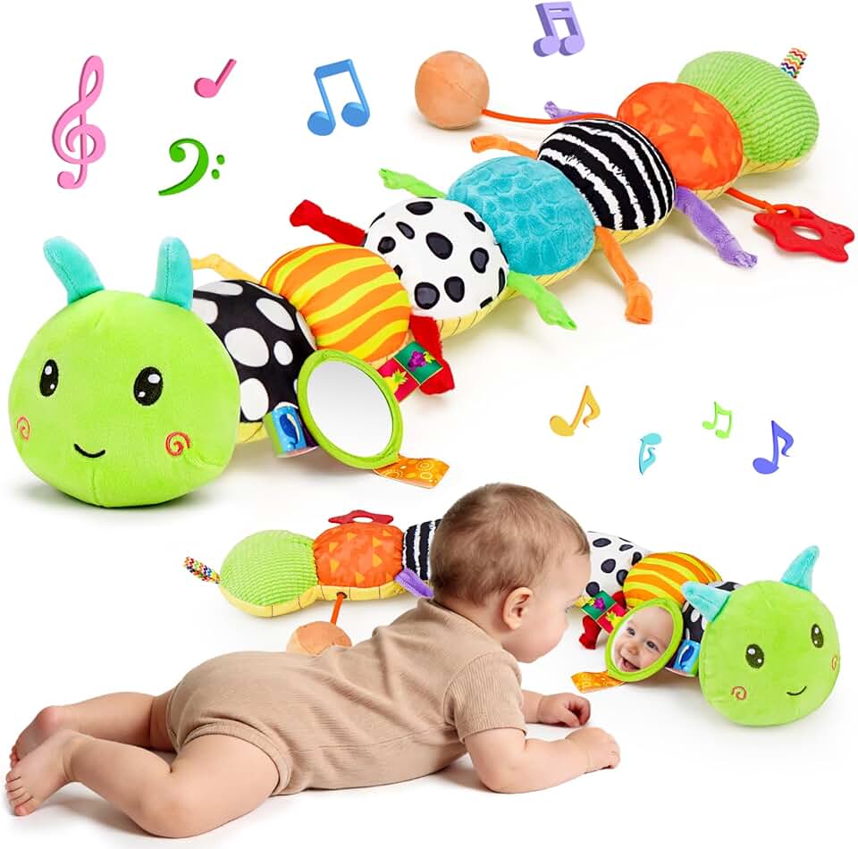 Baby Sensory Toy 0-6 Month Music Animal Stuffed Plush Caterpillar Toy for Infant 0-3-6-12 Month Old Tummy Time with Mirror Crinkle Rattle Toys for Newborn Boys Girl Shower Gifts Easter Basket Stuffer
