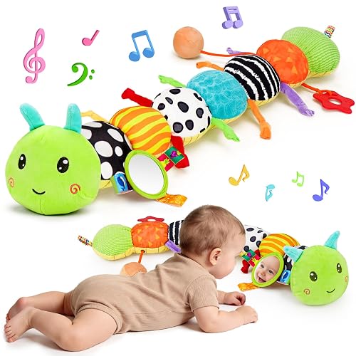 Topsochir Baby Sensory Toys 0-6 Months Music Animal Stuffed Plush Caterpillar Toy for Infant 0-3-6-12 Month Old Tummy Time with Mirror Crinkle Rattle Toys for Newborn Boys Girls Shower Birthday Gifts