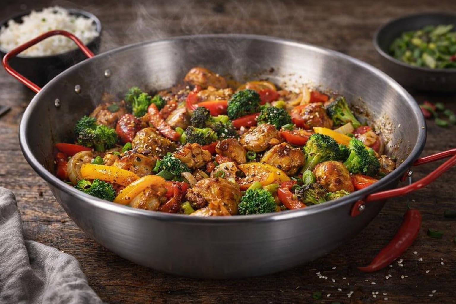 Padella in Ferro Spazzolato Fonda con Manici Rossi, Ideale per Preparazioni Etniche e Fritture Cucina al Salto e Wok, Compatibile con Fornelli a Gas o Legna (50 cm)