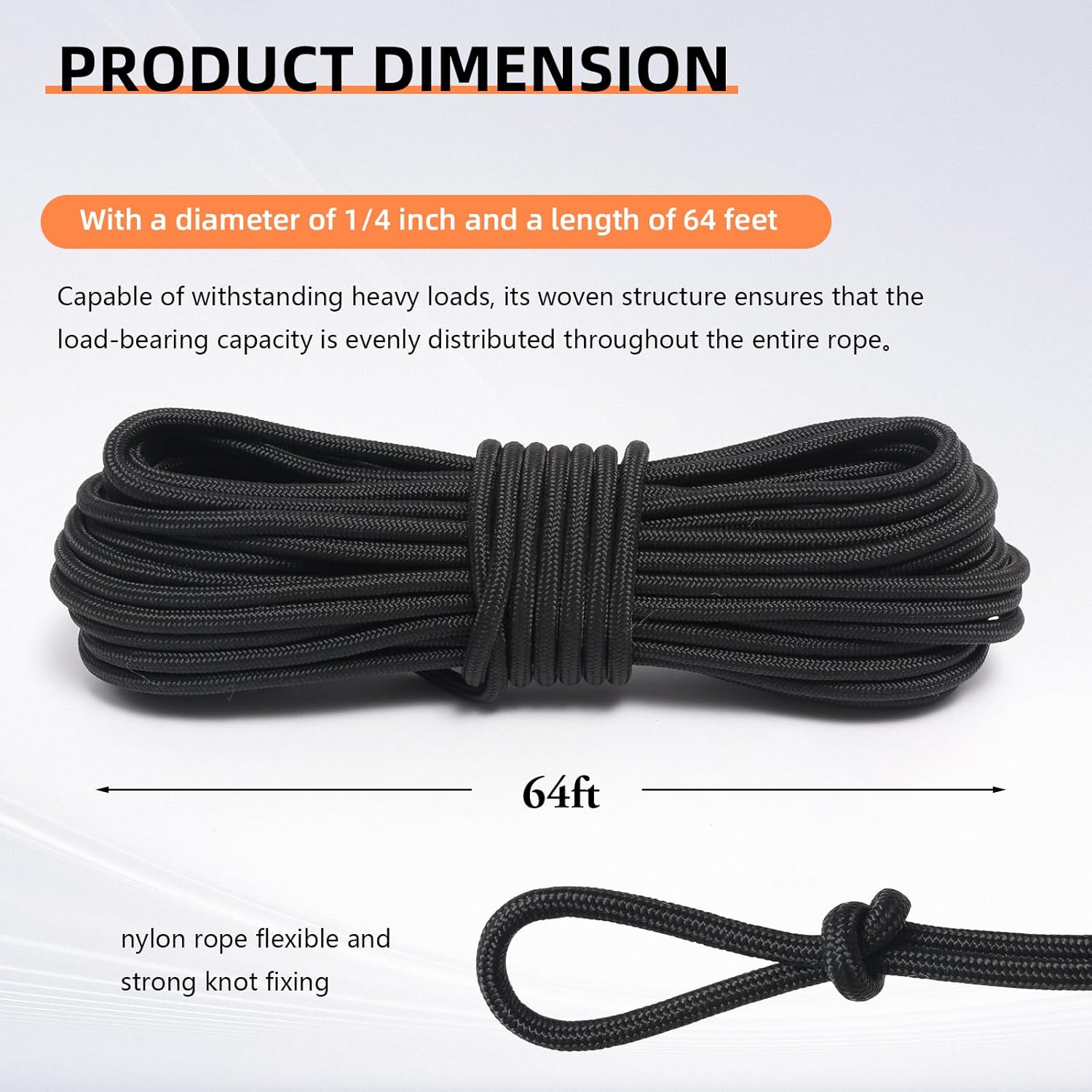 Nylon Rope, 1/4 inch 64FT Nylon Poly Rope Utility Cord Strong Polyester for Camping, Hiking, Clothesline, Tie, Flag Pole, Marine, Outdoor Swing (6mm Black)