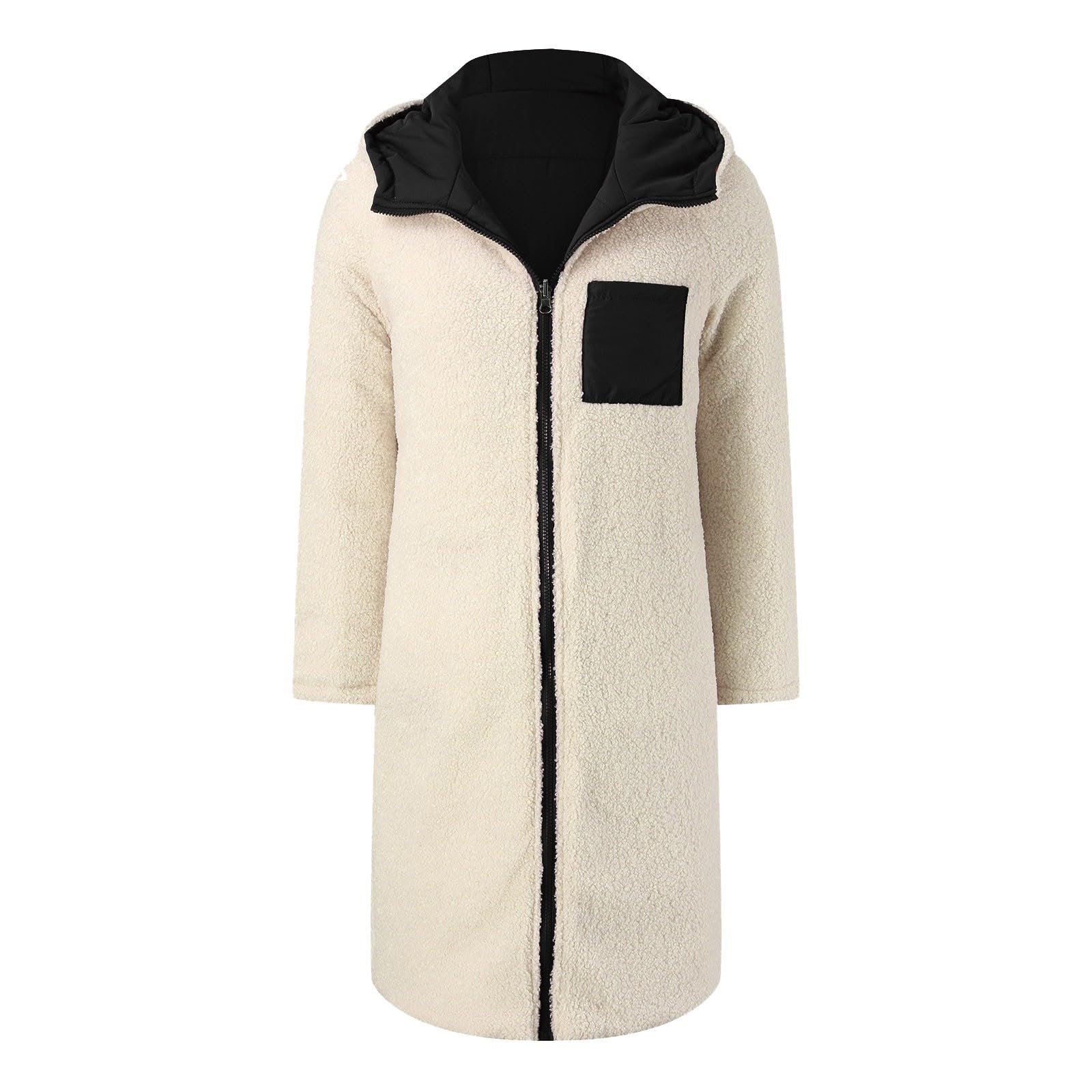 Générique Femme Parka réversible Hiver à Capuche Long Polaire Manches Longues Manteau de Laine Casual Parka Epaisse Chaude Slim Fit Veste en Coton Couleur Unie Doudoune Chaude