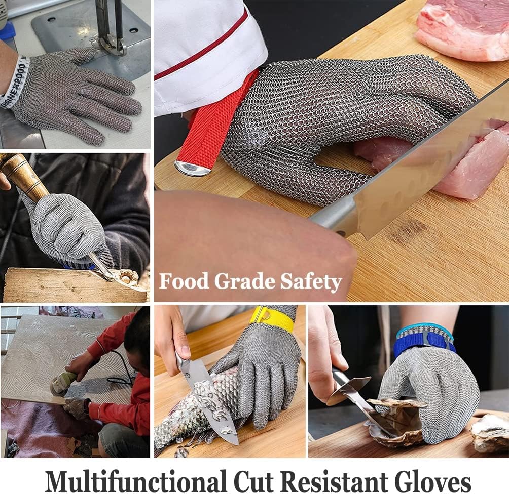 [mnDFdg] 耐切断性手袋， ステンレススチール製の耐切断チェーン、滑り止め加工、耐切断加工の安全作業用手袋、調節可能なリストス