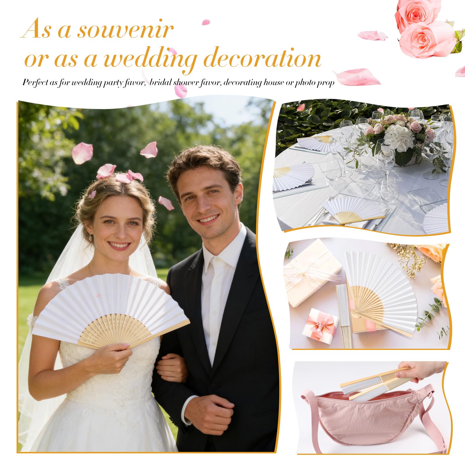 SWAWIS 60 Piezas Abanicos de Tela Blanco, Abanico Plegable con 60 Bolsas de Organza y Tarjetas de Agradecimiento, Ventiladores de Bambú para Bodas Bautizos Decoraciones Fiestas DIY