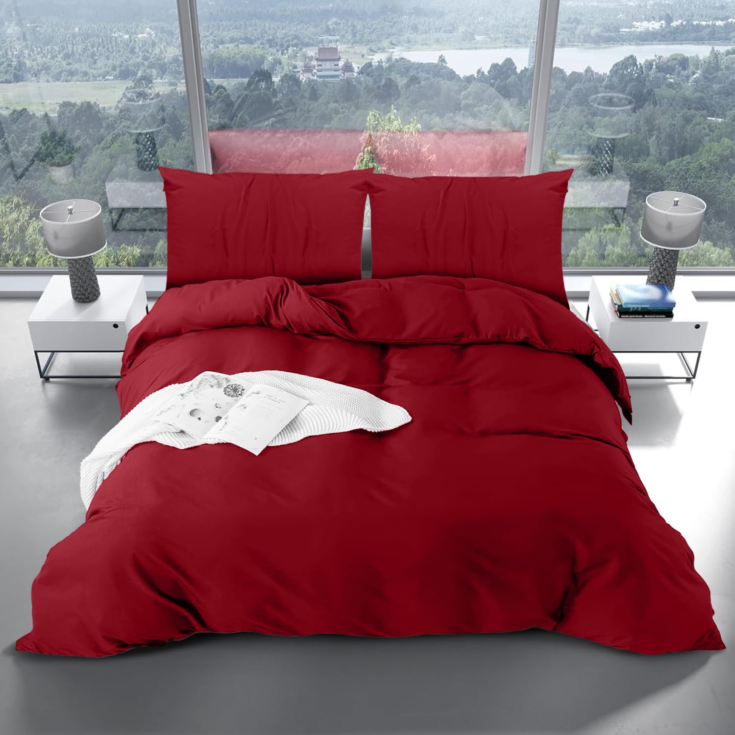 Yorkshire Bedding Duvet Cover Sets Soft Breathable Brushed Microfibre Plain Double Duvet Cover with Pillow cases Button Closure Quilt Cover Bed Set Burgundy