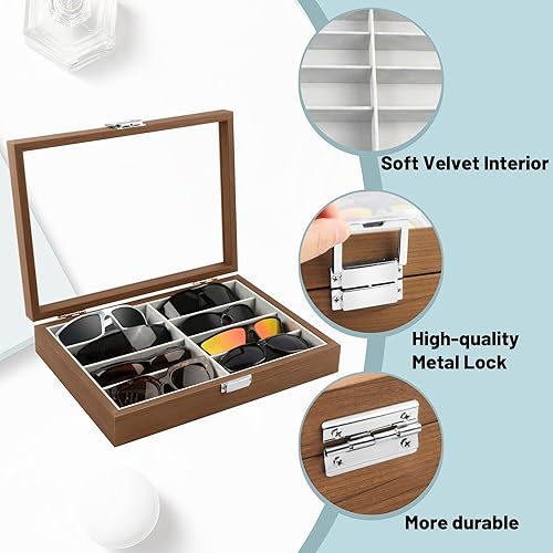 Miniatura 3 de Homeanda Estuche de madera para lentes de sol, 8 rejillas, organizador de gafas, bandeja para gafas, expositor, organizador con cubierta