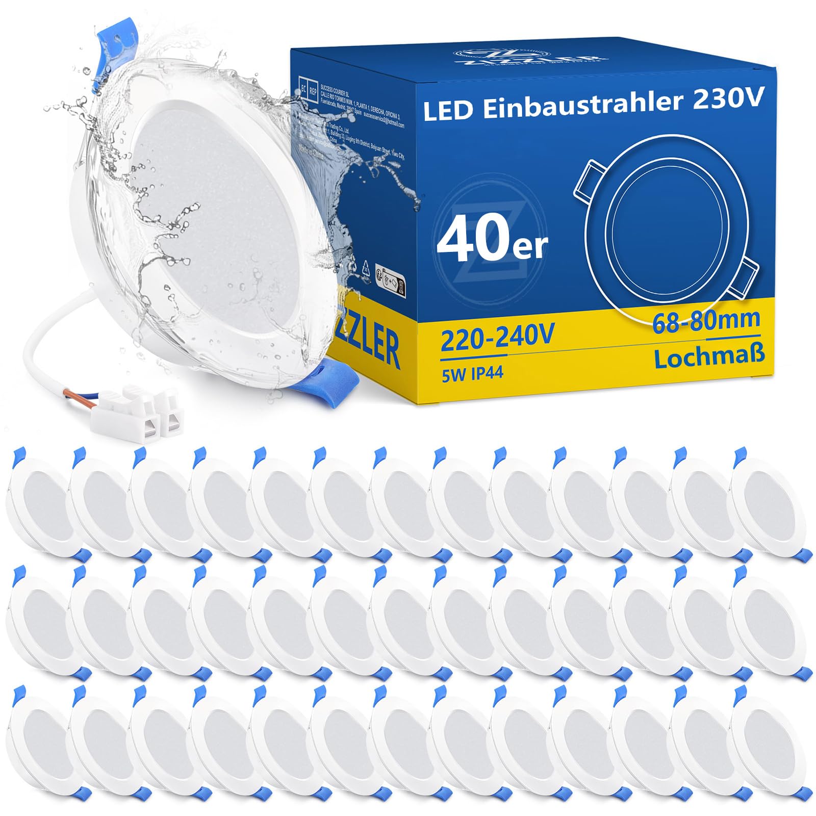 ZIZZLER 40er Set LED Einbaustrahler Spots 230V Flach 68-80mm Lochmaß, Neutralweiß Deckenspots, IP44 Einbauleuchten für Badezimmer Feuchtraum, 5W 4000K Einbauspots für Küche Schlafzimmer Wohnzimmer