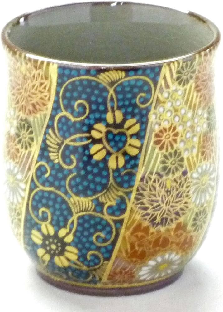 九谷焼【お湯呑】小 青粒+金花詰(傑作)【裏絵】