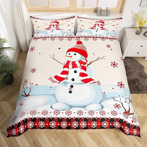 Miniatura 3 de Juego de funda de edredón de Navidad con diseño de muñeco de nieve para niños, tamaño Queen, ropa de cama romántica de copo de nieve, decoración de