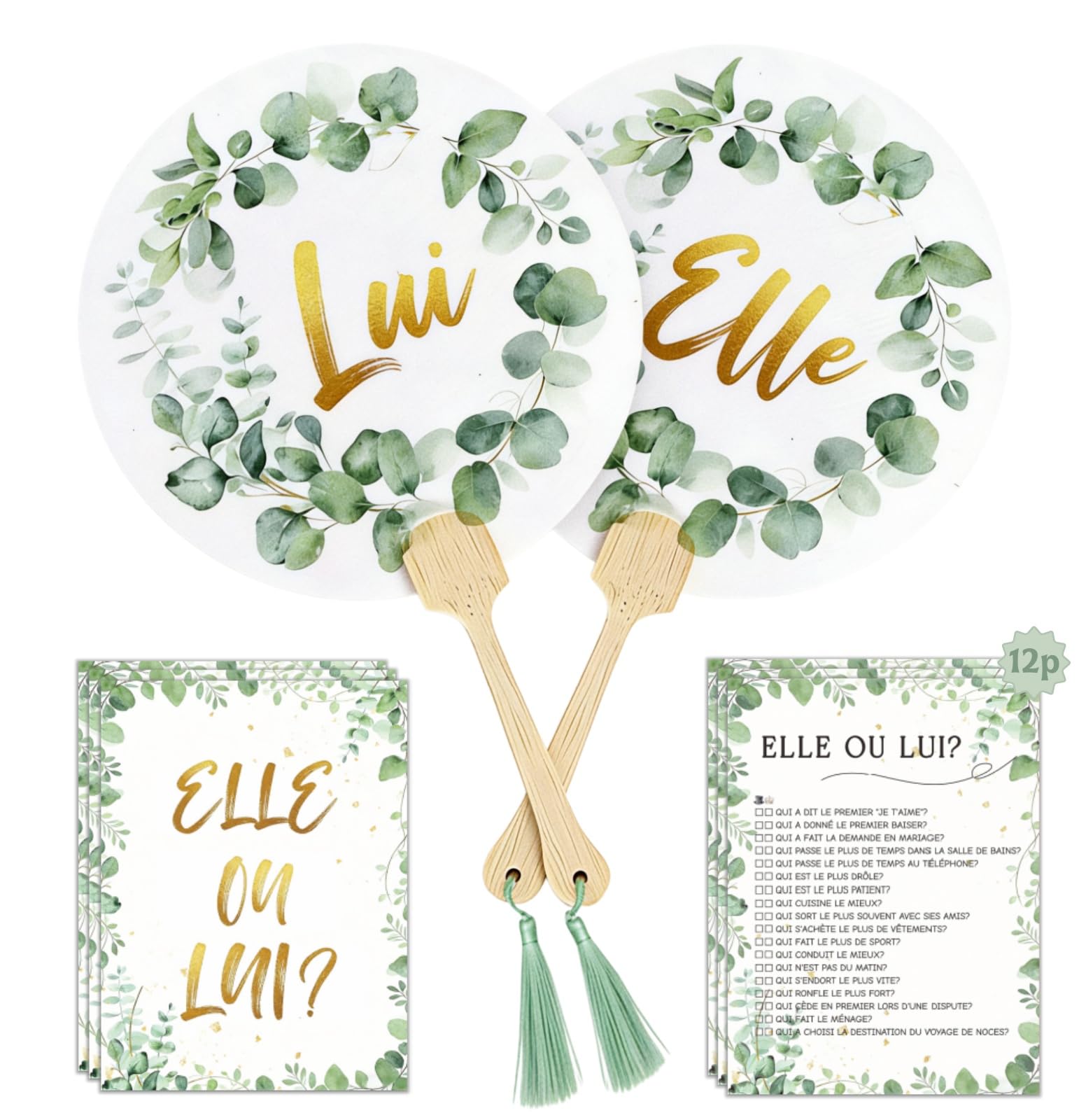 Jeu de Mariage Elle et Lui, 12 Feuilles Quiz Des Mariés Cartes de Questions+ 2 Pièces Bambou Elle et Lui Pancarte, Jeux Mariage, Jeu Mariage - 1