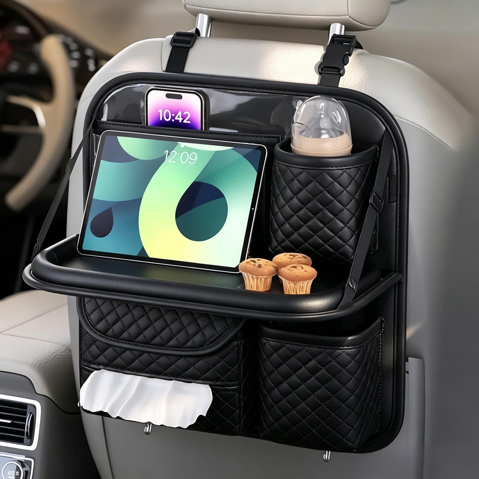 Organizer per sedile posteriore auto, anti-fuoriuscita, facile da installare | Organizer posteriore con portabicchieri per telefono, bevande, viaggi su strada, vacanze in famiglia e pendolari