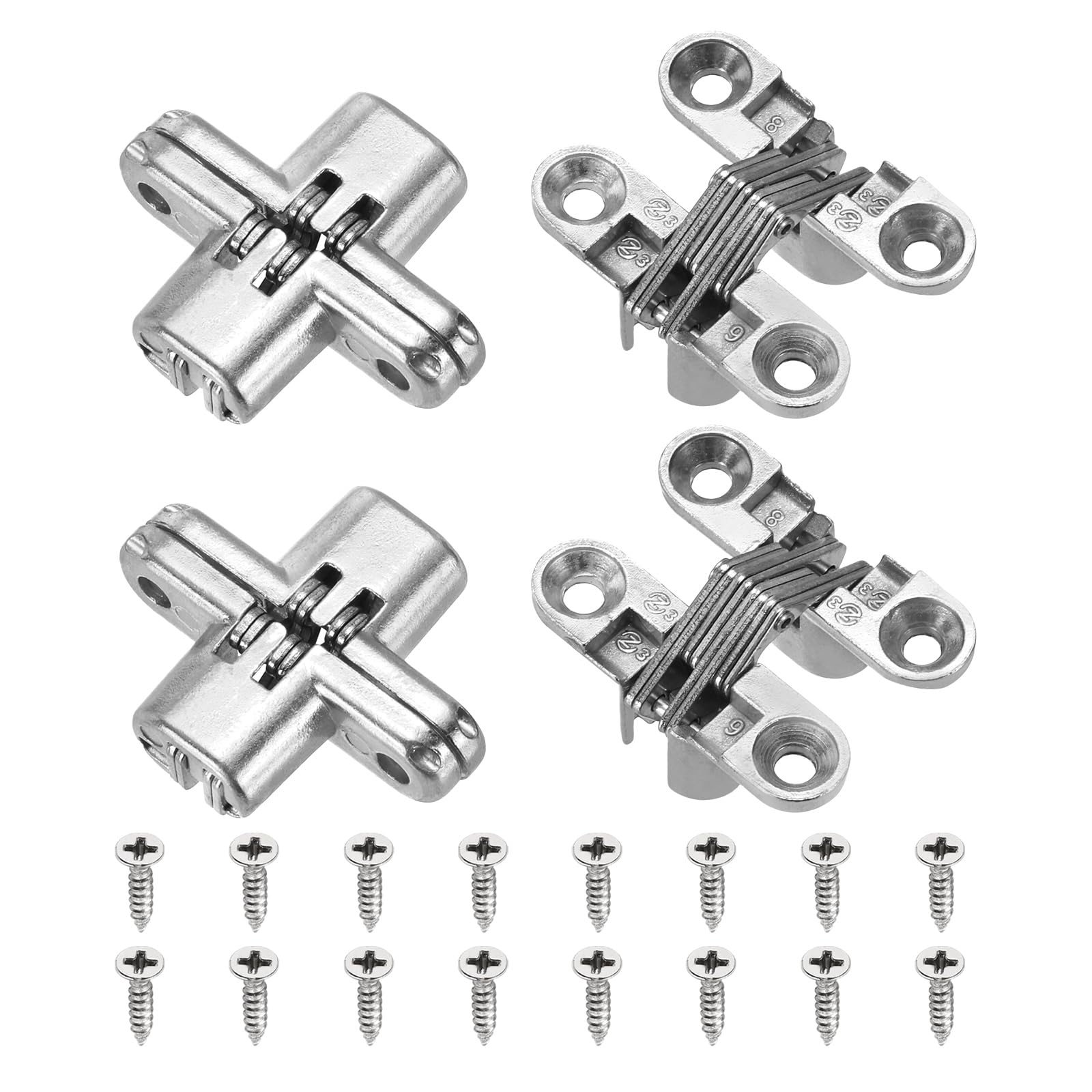 sourcing map 4Pcs Hidden Cabinet Door Hinges, 1.65" x 0.45" 180 Degree Cross Concealed Hinge for Wooden Box Invisible Door, Silver