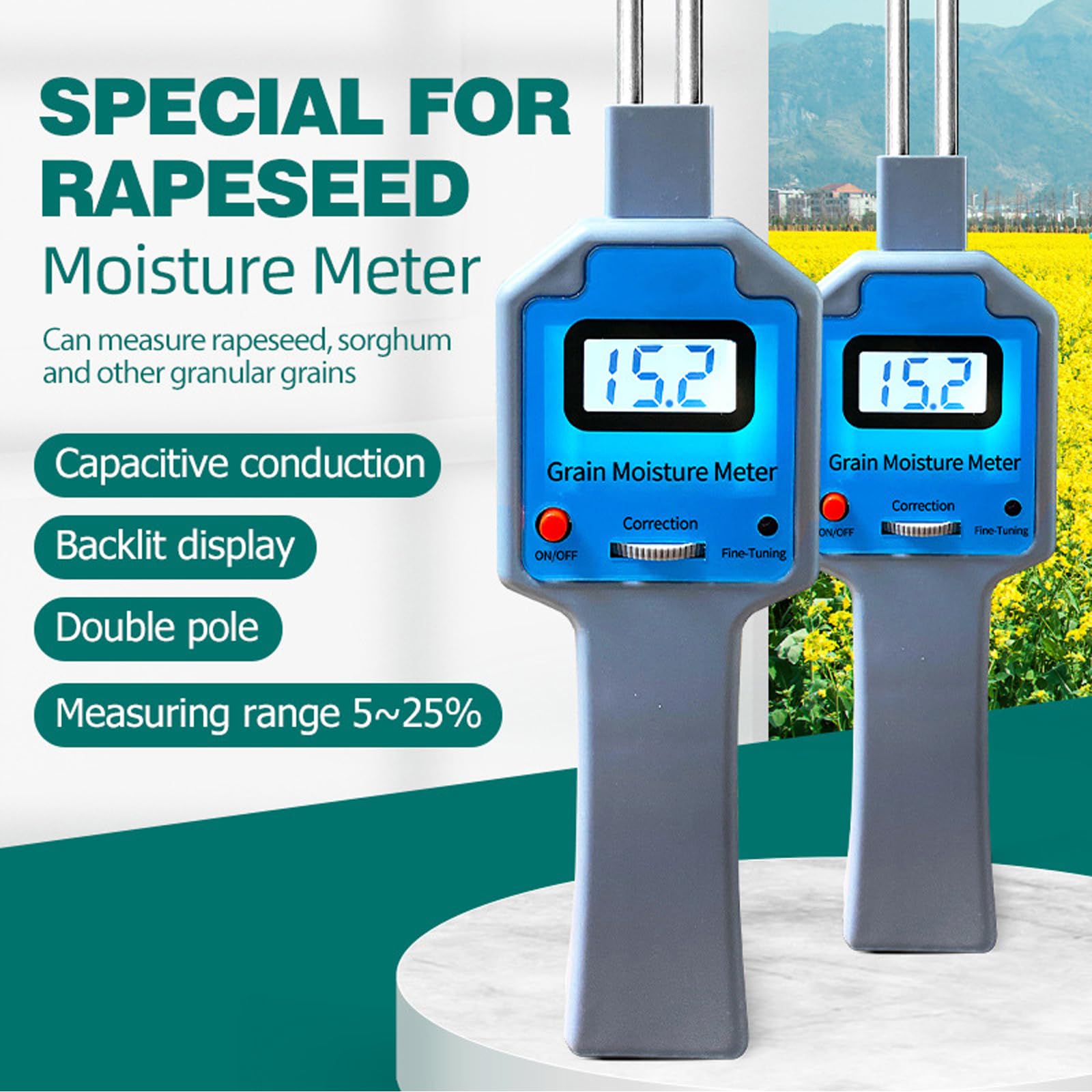 Medidor Digital De Humedad De Harina, Medidor De Humedad De Grano, Probador Humedad, Sonda Doble Humedad Alta Precisión 0,3, Conducción Capacitiva, Con Pantalla Retroiluminada, Rango Medición 5