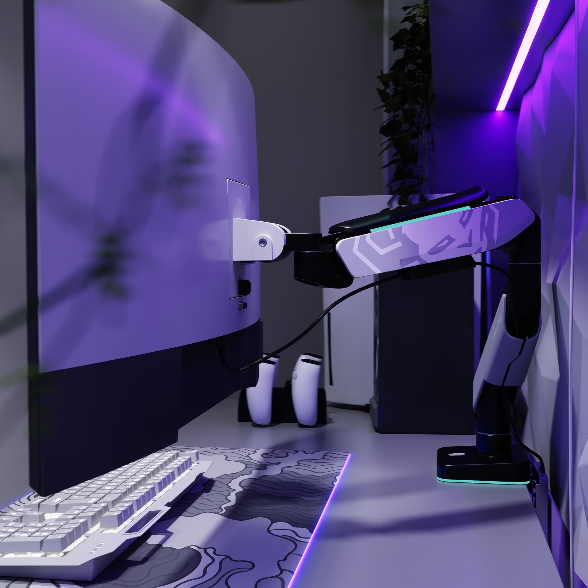 Ramię do monitora PC Diablo X-Arm 17-49 cali, stojak na monitor | Diody LED RGB | VESA 75 i 100 mm | Obrotowe | Zarządzanie kablami | Nośność do 20 kg | Zacisk biurkowy | Szaro-czarny