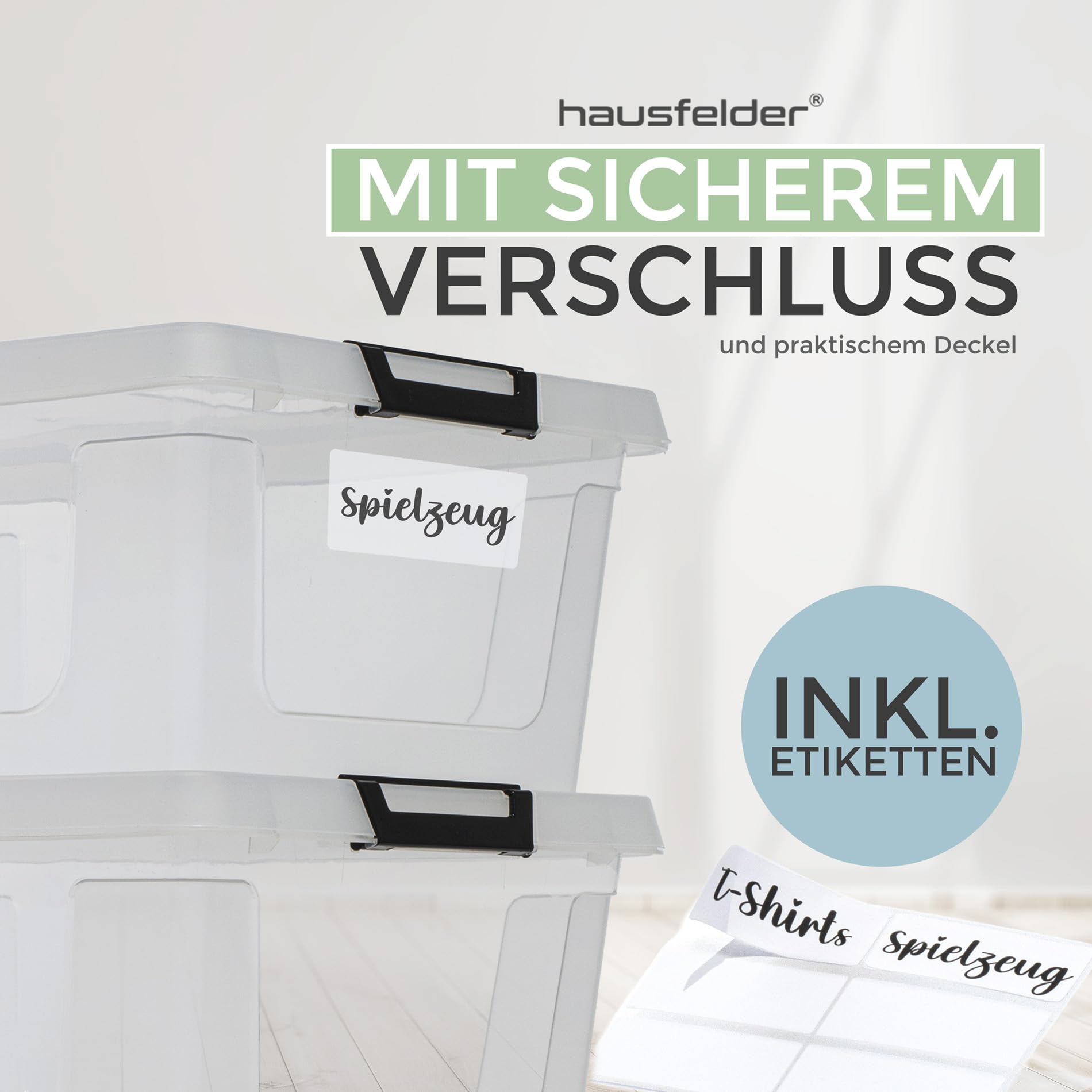 Hausfelder Aufbewahrungsboxen 10er Set, 12 l, mit Deckel, transparent | Kunststoffboxen mit Deckel für Küche, Keller, Garage und Haushalt, stapelbar, transparent