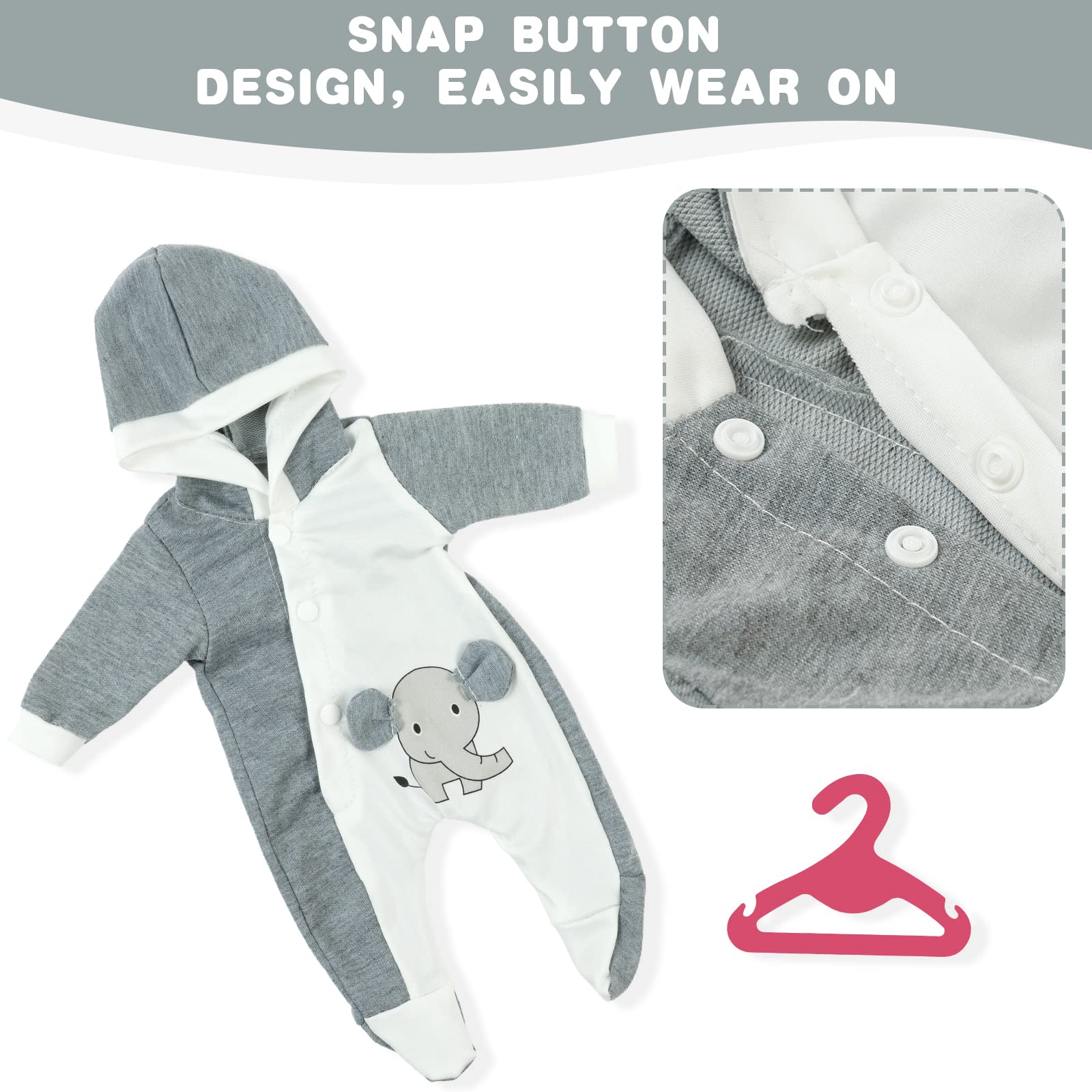 Aolso Vestiti per Bambole per New Born Baby Doll, Abiti per Bambolotti 35-45CM, Pagliaccetti Stampa con Cappello, con 1 Gruccia, Modello di Elefante Grigio e Bianco (Bambola Non Inclusa)
