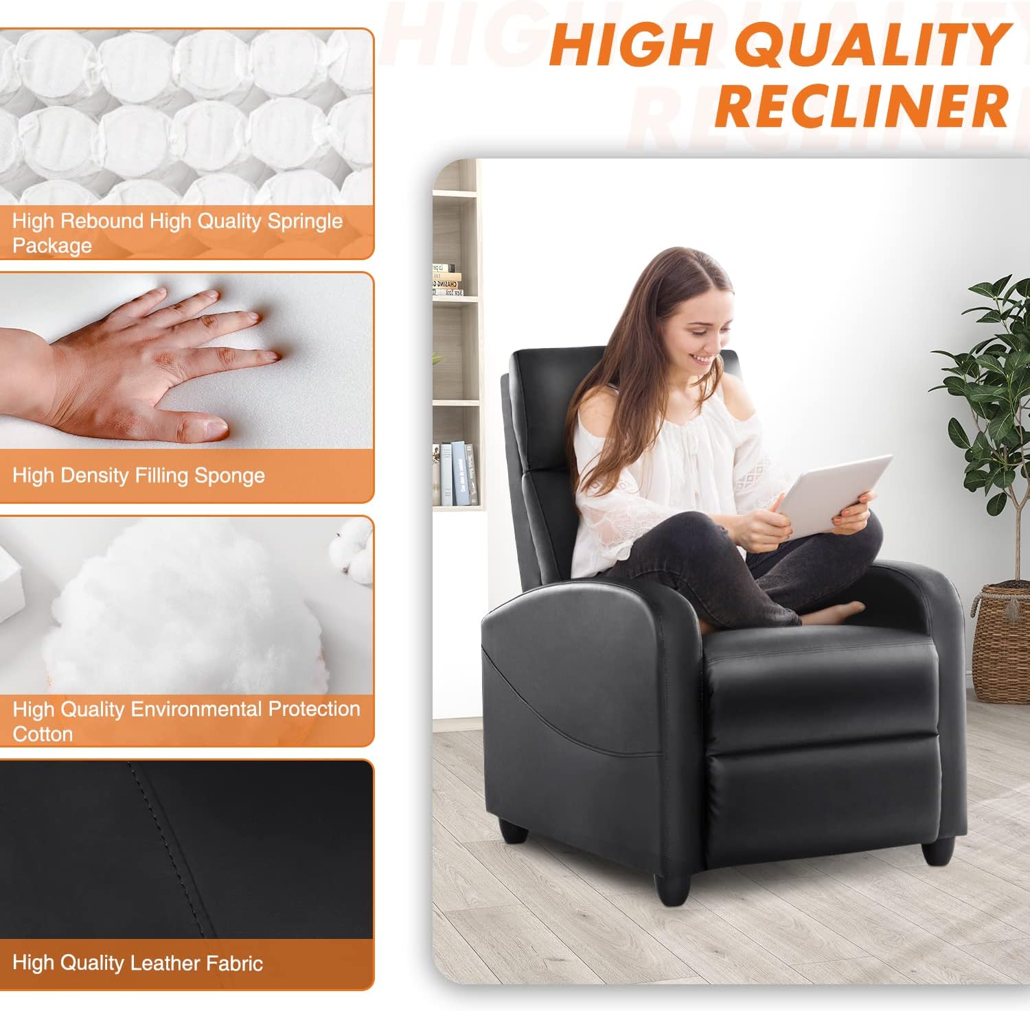 NEWBULIG Massage Recliner Chair for Adults, Adjustable Home Theater Seating with Lumbar Support for Living Room, Modern Fabric Reclining, Black