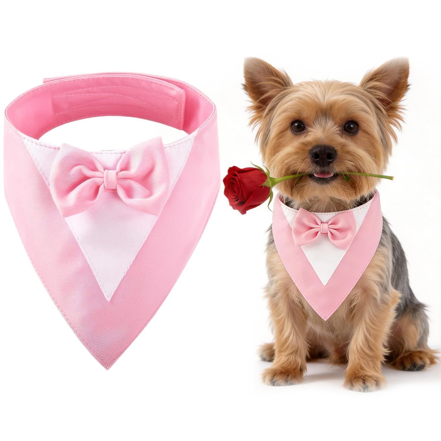 Dog Tuxedo Bandana with Bow Tie, Adjustable Formal Pet Outfit for Small Dogs (20-30cm Neck), Soft Polyester Wedding Birthday Costume, Machine Washable for Yorkshire Terrier Pomeranian（Pink）