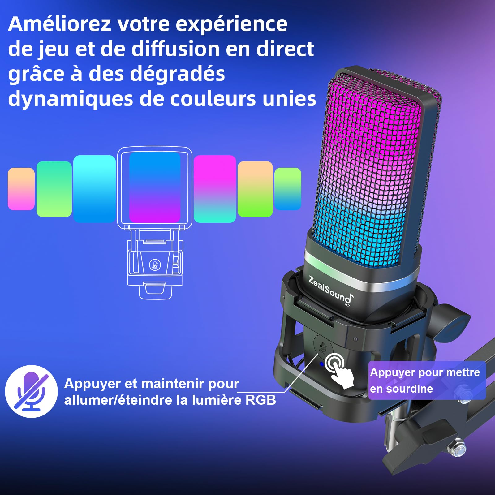 zealsound Micro Gaming pour PC Telephone iPhone, avec RGB et Sourdine, Adaptateur USB-C & Lightning, Trépied & Bras, Prise 3,5 mm, Microphone USB à Condensateur pour Podcast Streaming Twitch Youtube